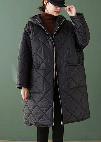 Drune | Schwarze Kapuze Taschen Reißverschluss Patchwork feine Baumwollgefüllte Mäntel Winter