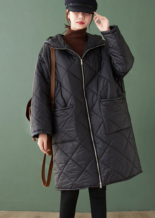 Drune | Schwarze Kapuze Taschen Reißverschluss Patchwork feine Baumwollgefüllte Mäntel Winter