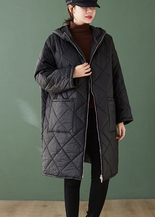 Drune | Schwarze Kapuze Taschen Reißverschluss Patchwork feine Baumwollgefüllte Mäntel Winter