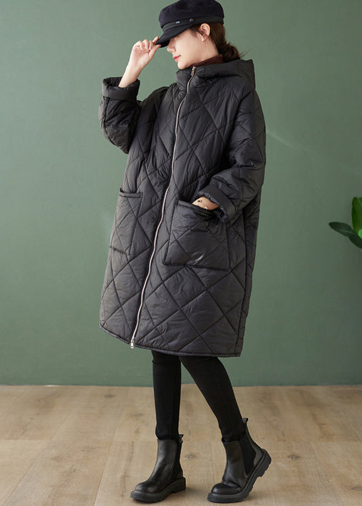 Drune | Schwarze Kapuze Taschen Reißverschluss Patchwork feine Baumwollgefüllte Mäntel Winter
