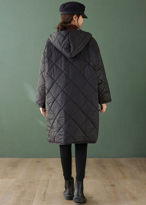 Drune | Schwarze Kapuze Taschen Reißverschluss Patchwork feine Baumwollgefüllte Mäntel Winter