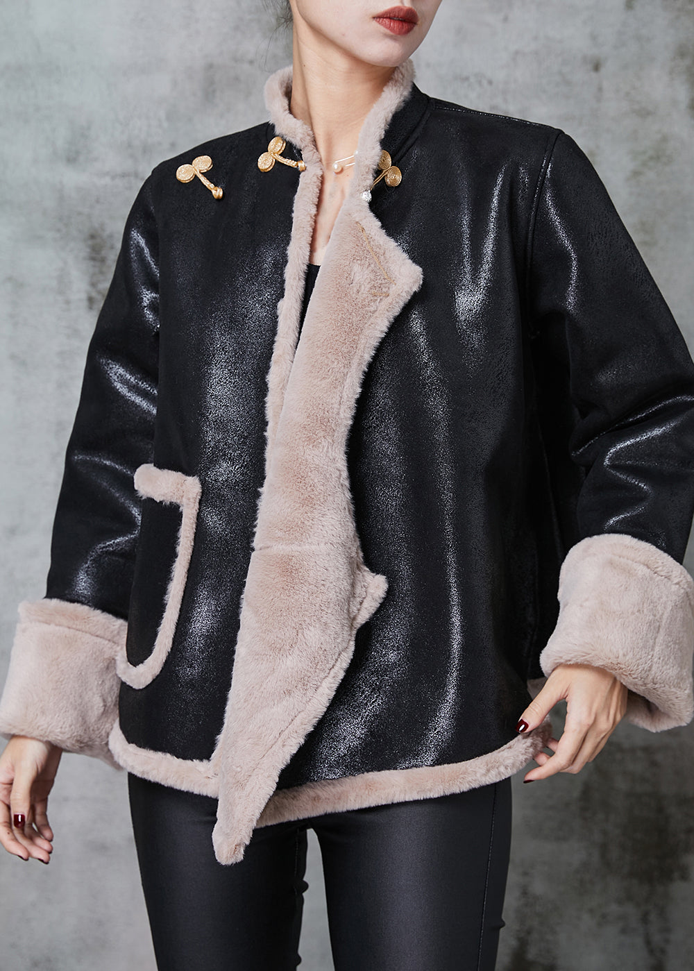 Drune | Schwarze Mandarin-Kragen Warme Fleece Kunstwildleder Mäntel