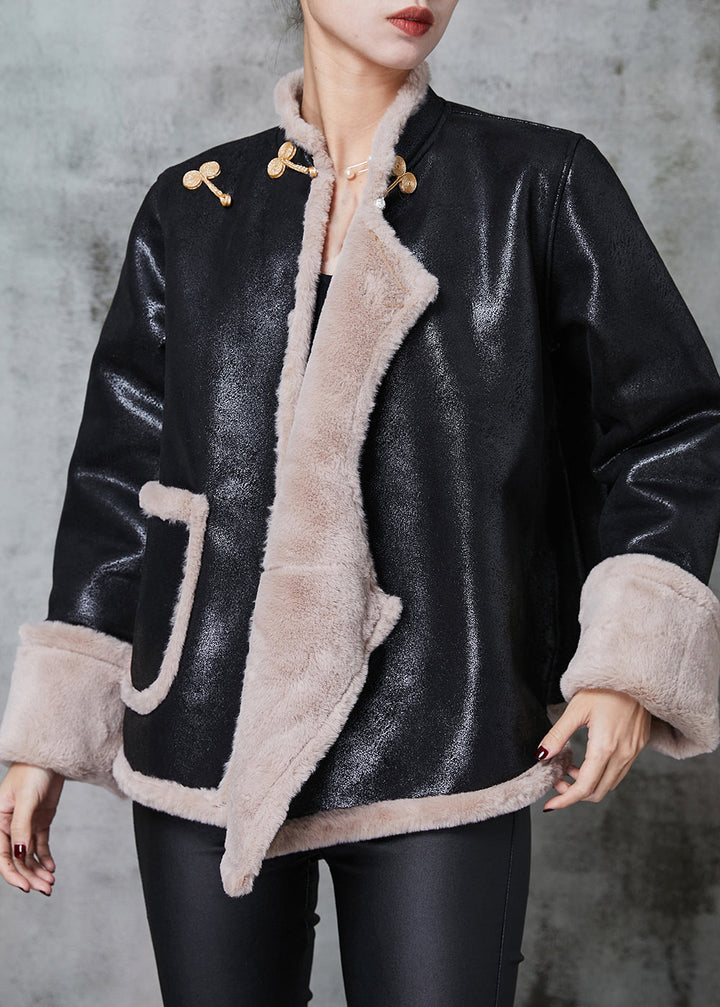 Drune | Schwarze Mandarin-Kragen Warme Fleece Kunstwildleder Mäntel