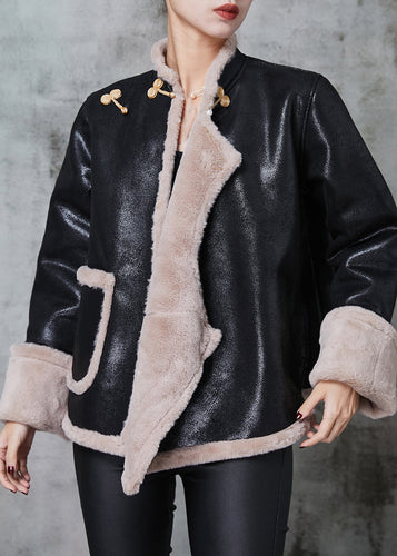 Drune | Schwarze Mandarin-Kragen Warme Fleece Kunstwildleder Mäntel