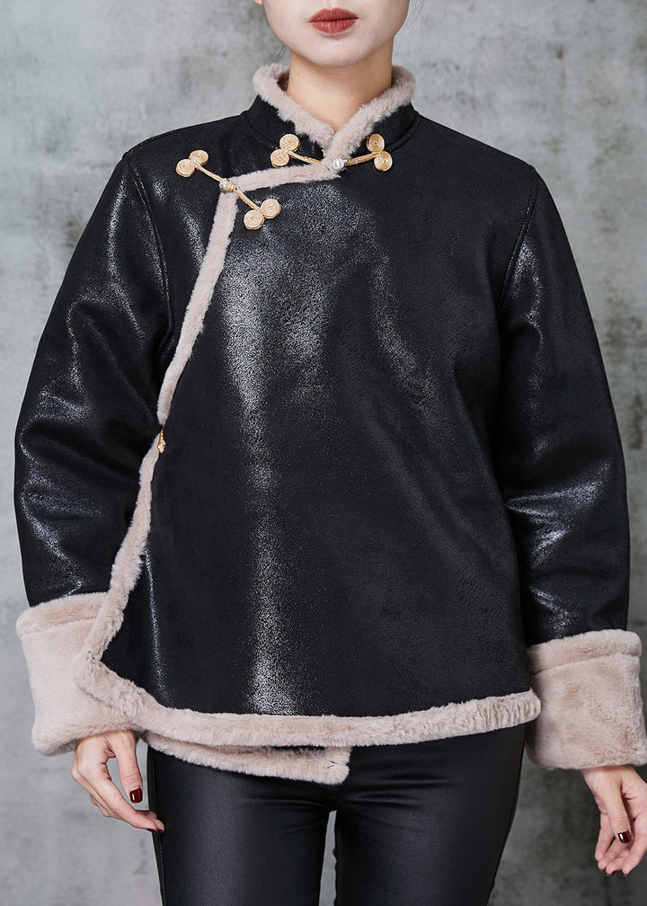 Drune | Schwarze Mandarin-Kragen Warme Fleece Kunstwildleder Mäntel