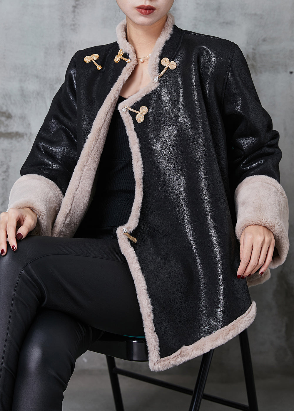 Drune | Schwarze Mandarin-Kragen Warme Fleece Kunstwildleder Mäntel