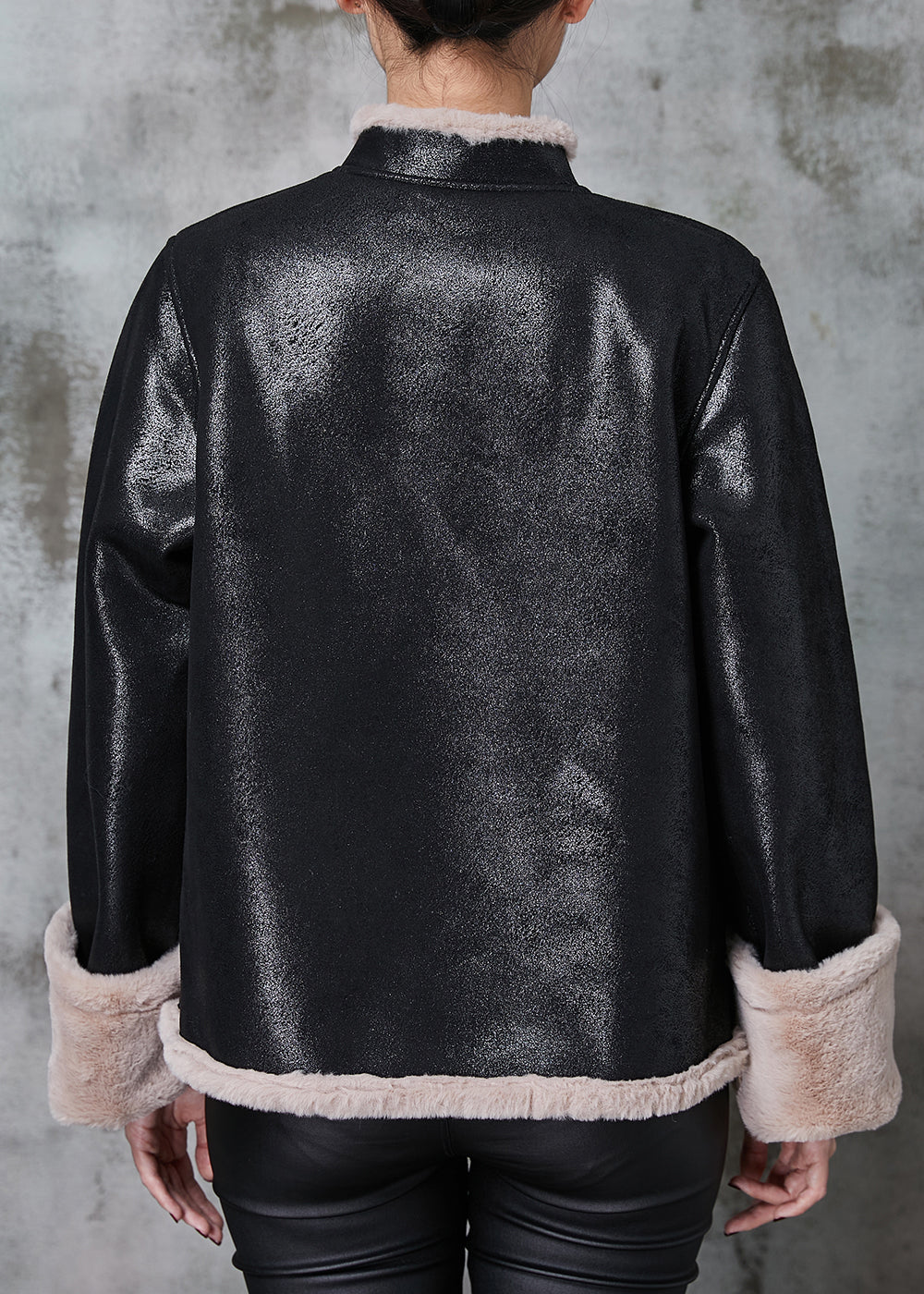 Drune | Schwarze Mandarin-Kragen Warme Fleece Kunstwildleder Mäntel