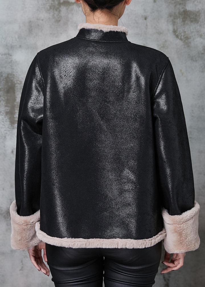 Drune | Schwarze Mandarin-Kragen Warme Fleece Kunstwildleder Mäntel