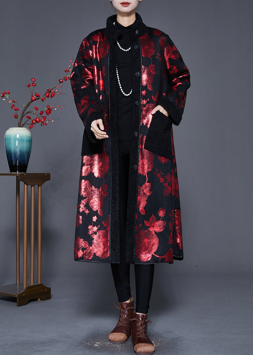 Drune | Maulbeer-Print Übergroße Fleece Wollgefütterte Mäntel Winter
