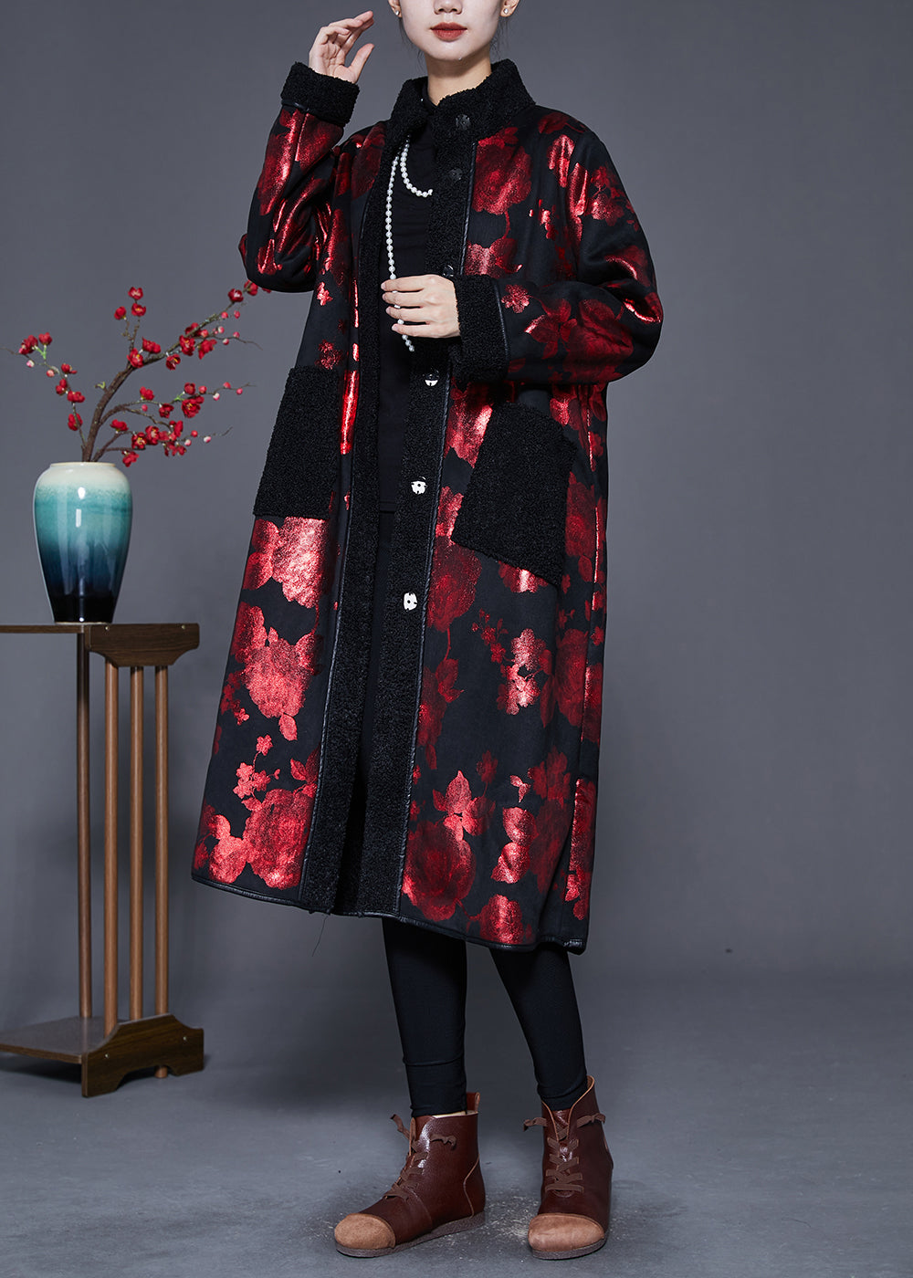 Drune | Maulbeer-Print Übergroße Fleece Wollgefütterte Mäntel Winter