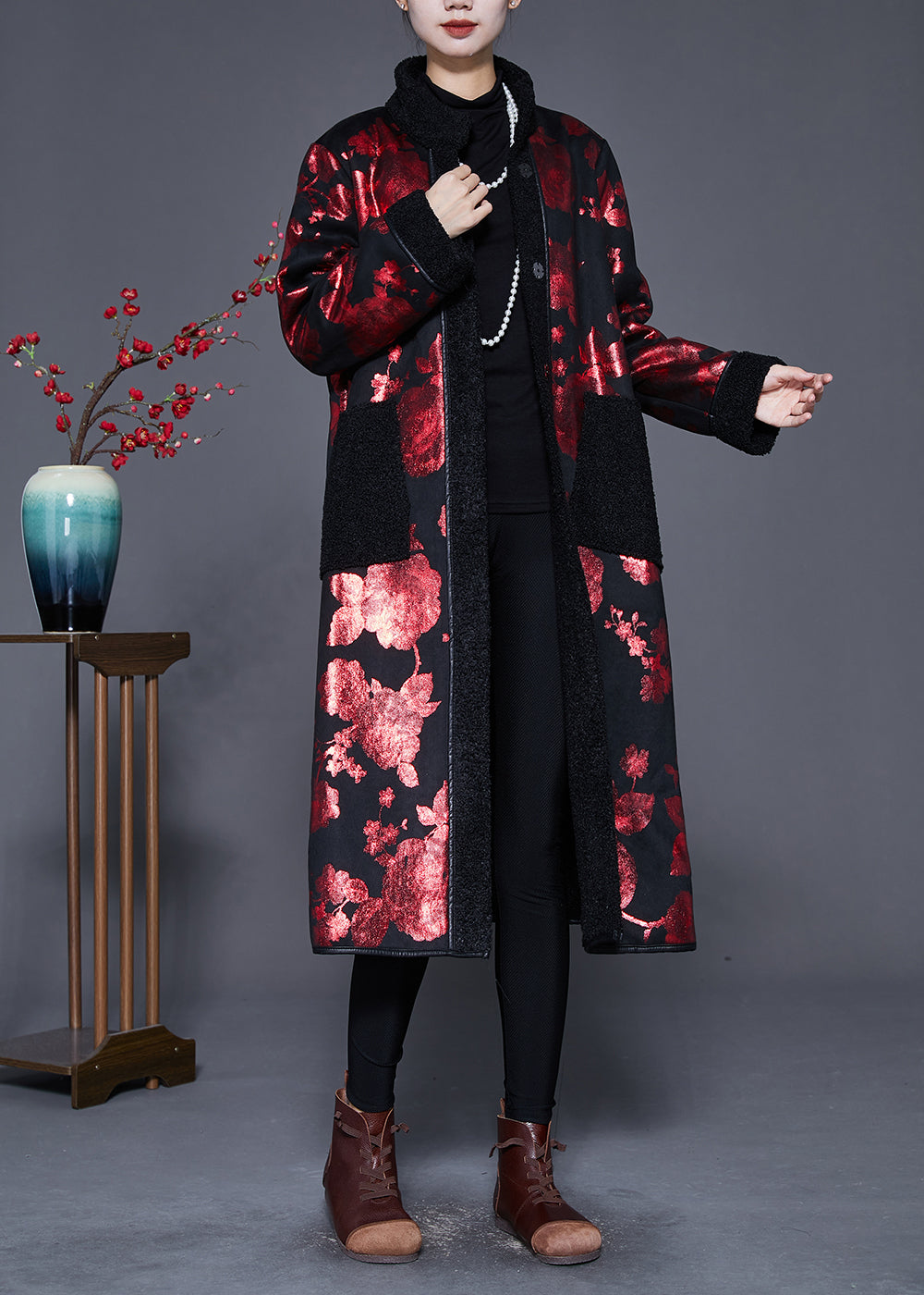 Drune | Maulbeer-Print Übergroße Fleece Wollgefütterte Mäntel Winter