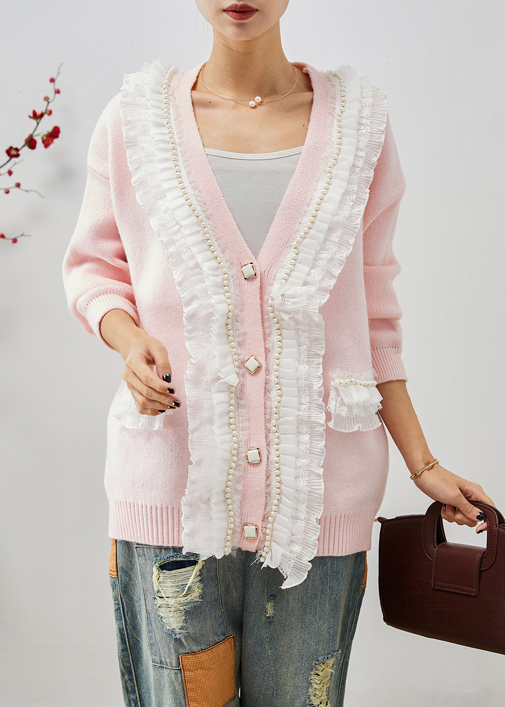 Drune | Pink Rüsch Patchwork Warme Strickmäntel