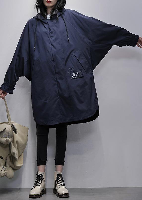Drune | Kapuzenzipper Mode Kranich Mäntel blau Plus Size Kleidung Mäntel