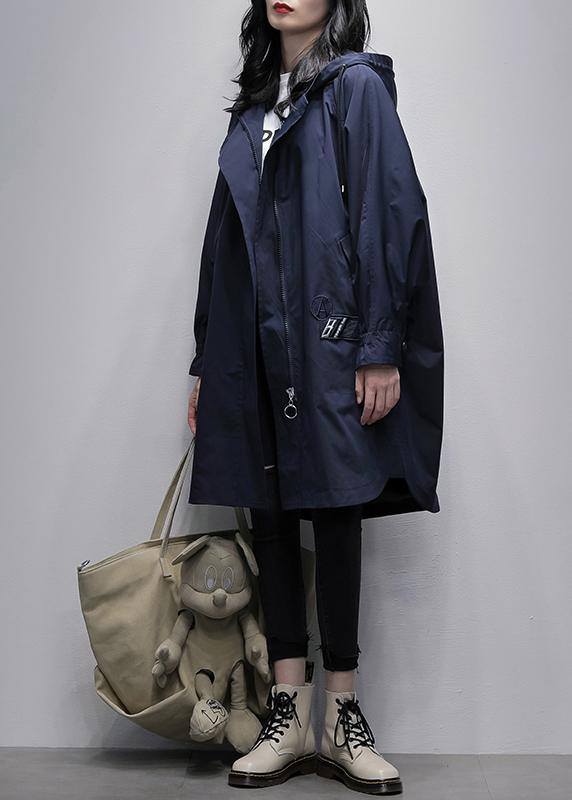 Drune | Kapuzenzipper Mode Kranich Mäntel blau Plus Size Kleidung Mäntel
