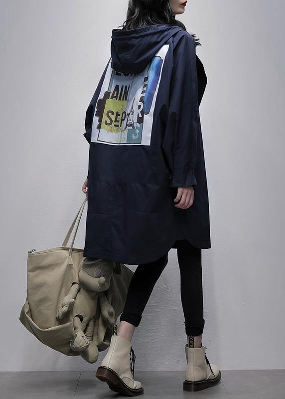 Drune | Kapuzenzipper Mode Kranich Mäntel blau Plus Size Kleidung Mäntel
