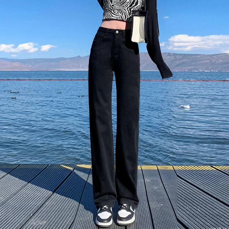 Drune | Herbst Frühling Jeans Frauen Denim Hosen Vintage Gerade Hosen Mode Female Weiße Schwarze Einfarbige Lockere Entspannte Weite Bein Hosen
