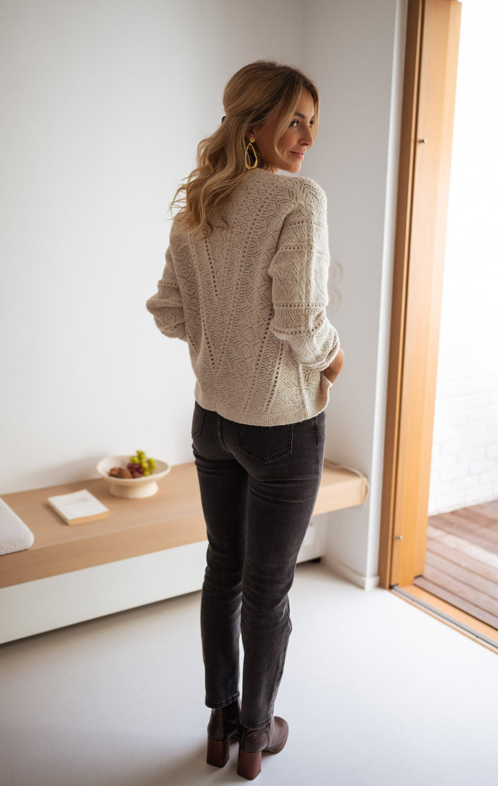 Drune | Ava Damen Lange Strickjacke Stylisches Weißes Strick-Layering-Stück