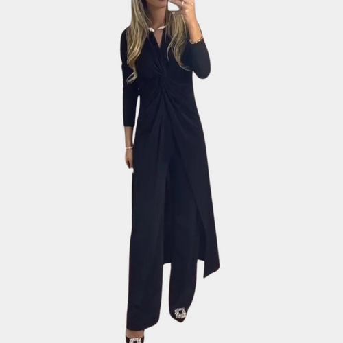 Drune | Damen Jumpsuit mit Maxi-Overlay - Abendmode mit V-Ausschnitt und Raffungen