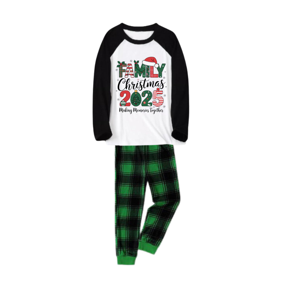 Drune | Schwarzes Raglan-Oberteil grünes karierte Weihnachts-Pyjama-Set mit Feiertagsbeschriftung