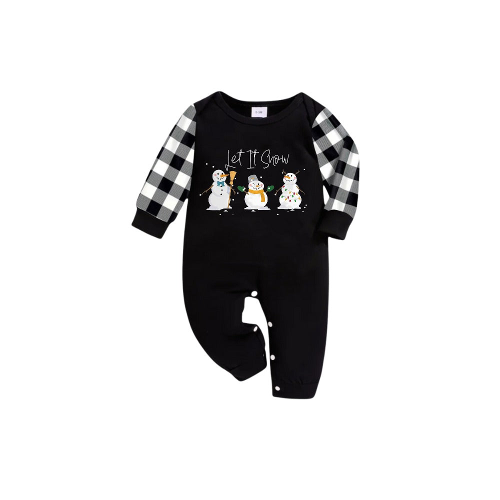 Drune | Schwarz-Weiß kariertes kurzärmeliges Weihnachts-Pyjama-Set mit Schneemann- und Cheer-Textdrucks