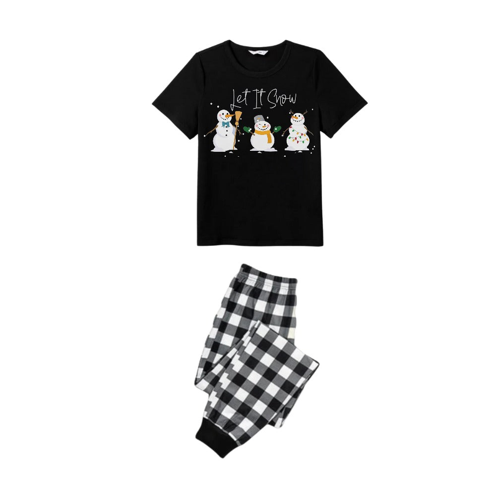 Drune | Schwarz-Weiß kariertes kurzärmeliges Weihnachts-Pyjama-Set mit Schneemann- und Cheer-Textdrucks