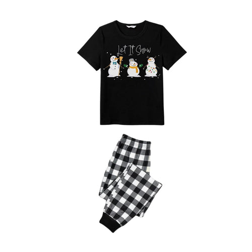 Drune | Schwarz-Weiß kariertes kurzärmeliges Weihnachts-Pyjama-Set mit Schneemann- und Cheer-Textdrucks