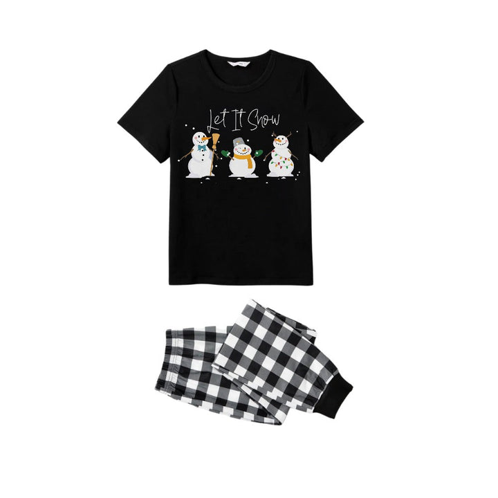 Drune | Schwarz-Weiß kariertes kurzärmeliges Weihnachts-Pyjama-Set mit Schneemann- und Cheer-Textdrucks
