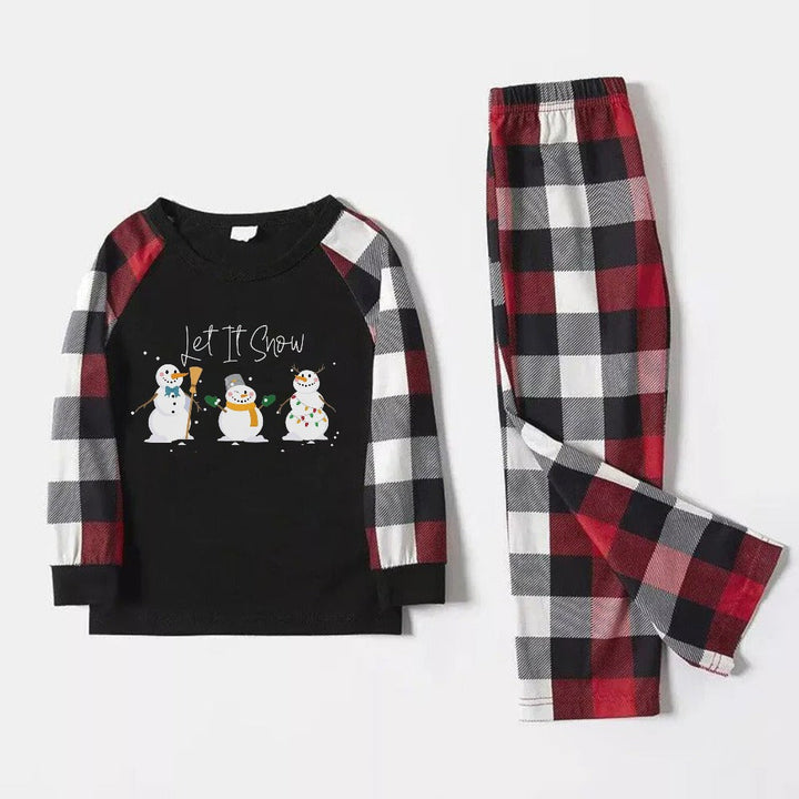 Drune | Weihnachtsfamilien-Matching-Pyjamas - Roter und grauer Karomuster-Pyjama-Set mit "Let It Snow" und weihnachtlichem Schneemann-Muster farbenfroher Druck