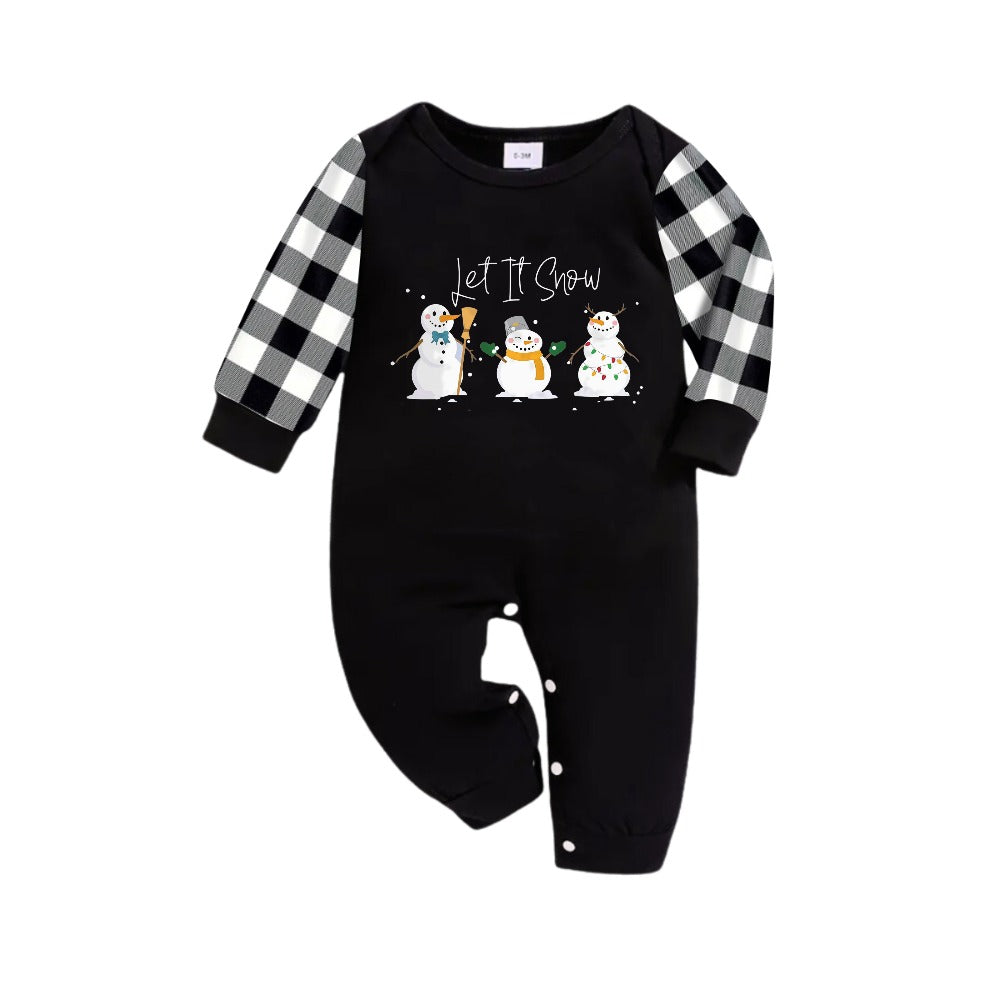 Drune | Schwarz-weißer karierter Weihnachts-Pyjama-Set mit Schneemann und "Let It Snow" Cartoon-Druck