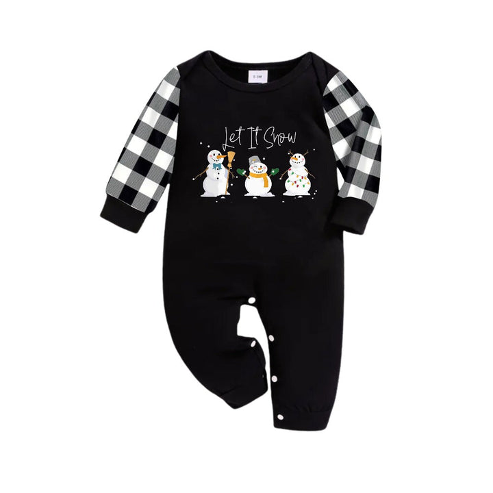 Drune | Schwarz-weißer karierter Weihnachts-Pyjama-Set mit Schneemann und "Let It Snow" Cartoon-Druck