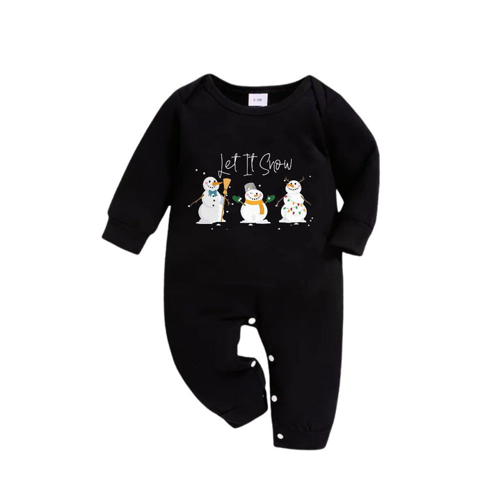 Drune | Weihnachtsfamilien-Pyjamas im Partnerlook - Schwarzes Oberteil und grüne Karohosen-Set mit Schneemann und "Let It Snow" Druck