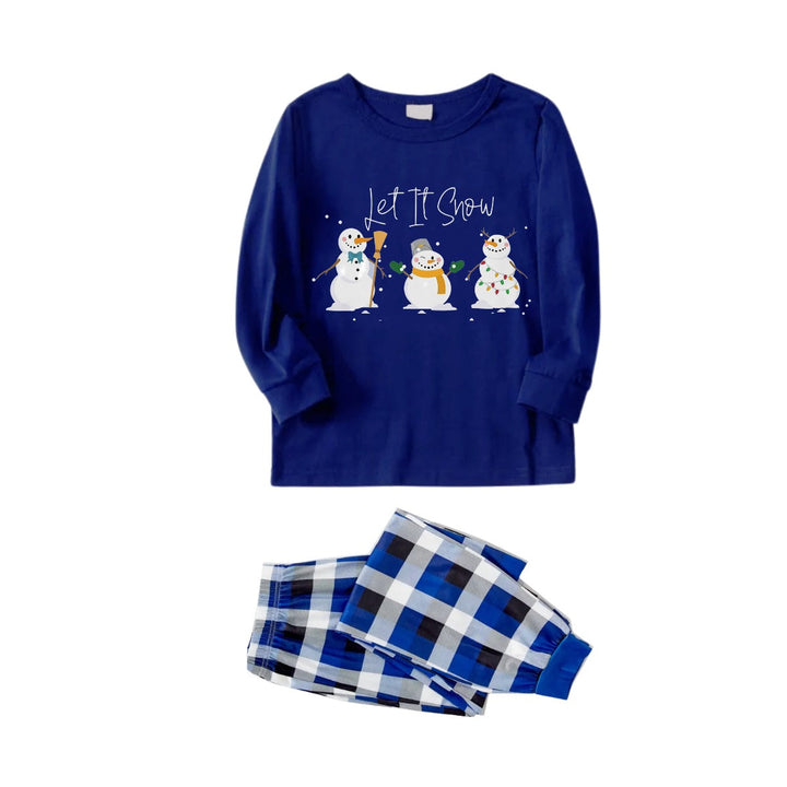 Drune | Weihnachtsfamilien-Pyjamas in passender Kleidung - Marineblau & Weiß Karomuster Set mit "Let It Snow" und Schneemann Muster Druck