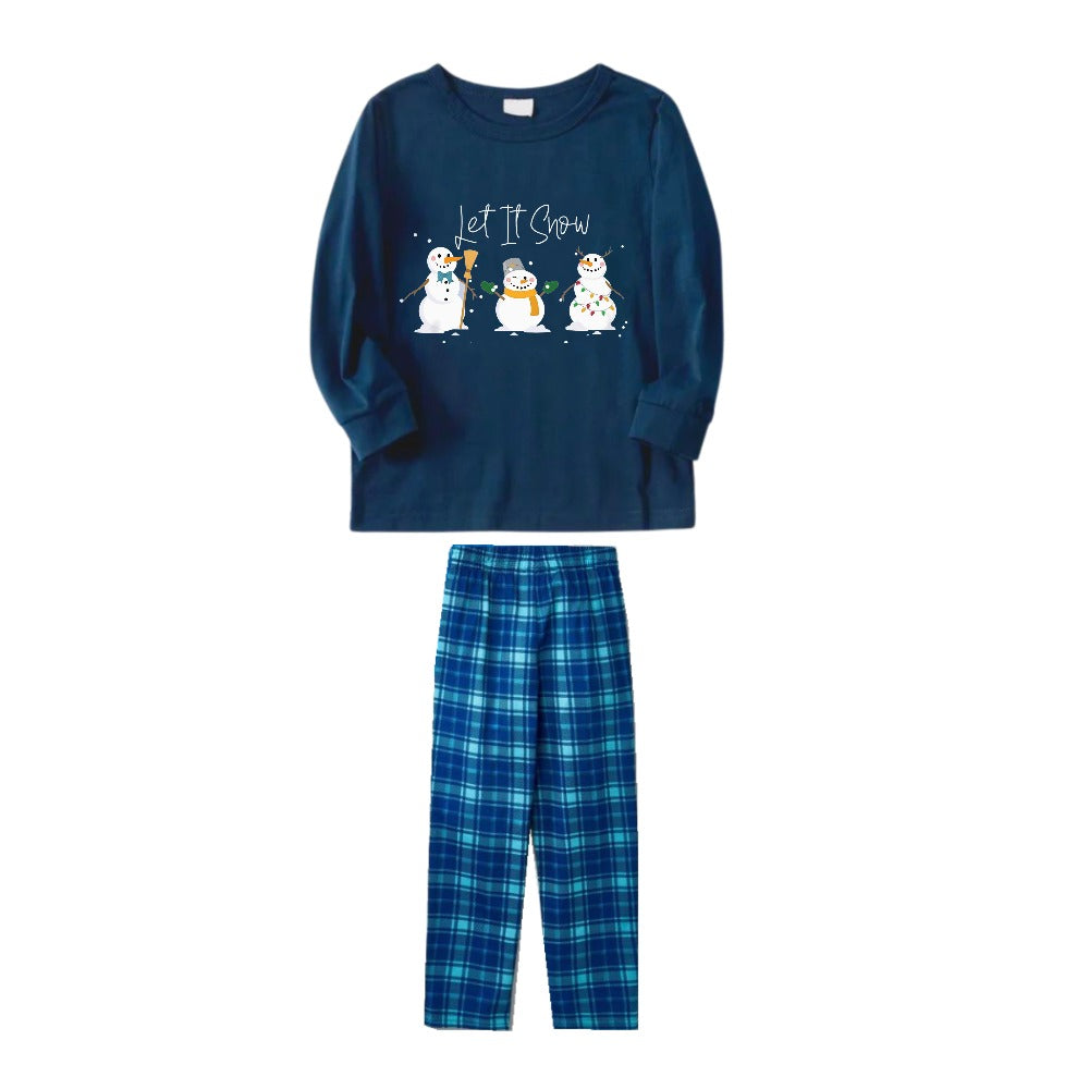 Drune | Weihnachtsfamilien passende Schlafanzüge - Marineblau & Himmelblau karierte Pjs Set mit "Lass es schneien" und Schneemann Muster Druck