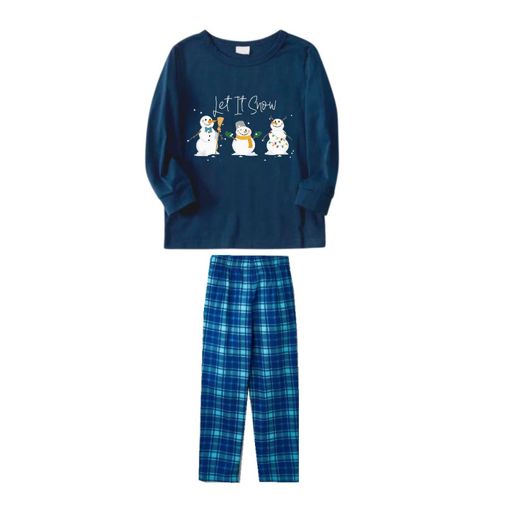 Drune | Weihnachtsfamilien passende Schlafanzüge - Marineblau & Himmelblau karierte Pjs Set mit "Lass es schneien" und Schneemann Muster Druck