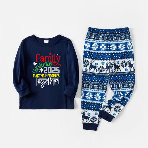 Drune | Fröhliche Blaue Weihnachts-Pyjama-Set mit Weihnachtsfreude-Textdrucken