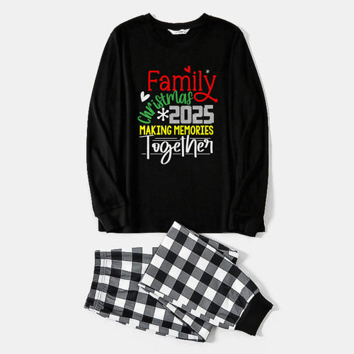 Drune | Schwarzes und weißes karierter Weihnachts-Pyjama-Set mit buntem Weihnachts-Slogan-Print
