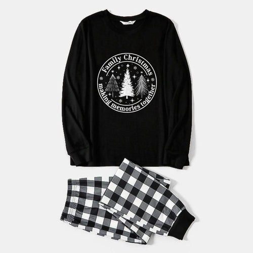 Drune | Schwarz-Weiße Karomuster Weihnachts-Pyjama-Set mit Weihnachtsbaum-Druck