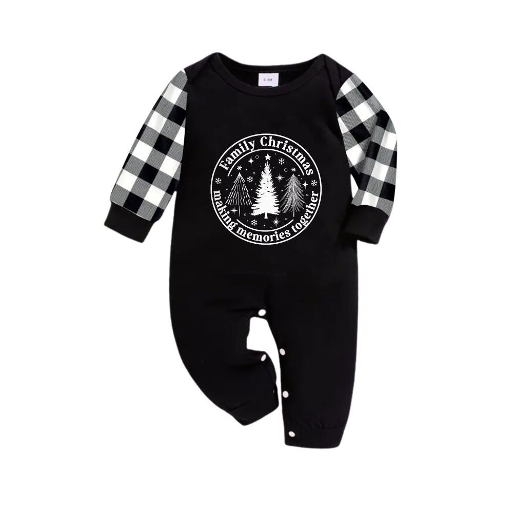 Drune | Schwarz-Weiße Karomuster Weihnachts-Pyjama-Set mit Weihnachtsbaum-Druck