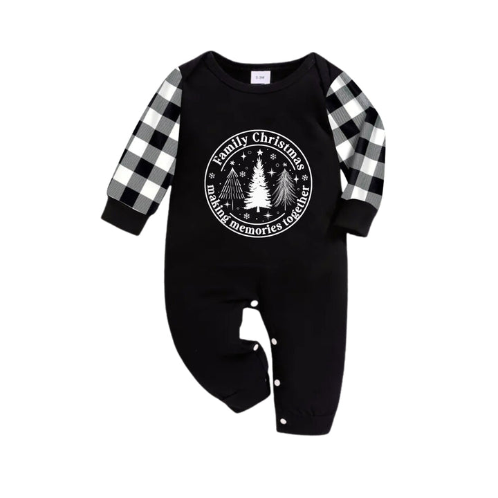 Drune | Schwarz-Weiße Karomuster Weihnachts-Pyjama-Set mit Weihnachtsbaum-Druck