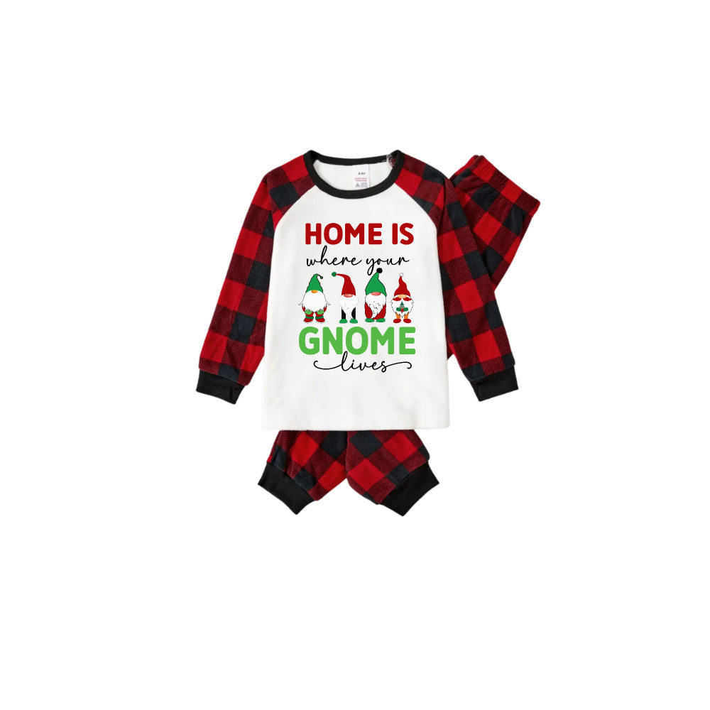 Drune | Rote und schwarze kariierte Weihnachts-Pyjama-Set mit Gnomies Familie und Weihnachts-Slogan-Druck