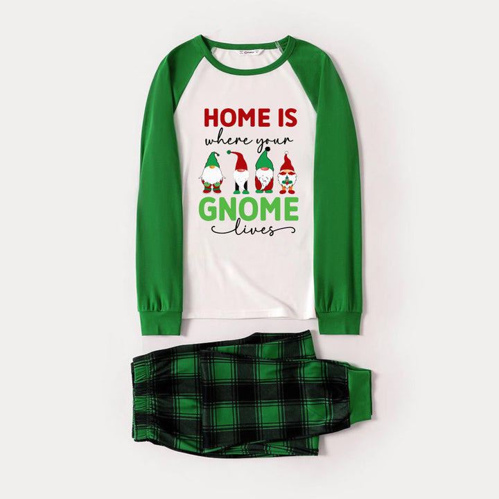 Drune | Grünes Raglan-Oberteil Grünes Karomuster Weihnachts-Pyjama-Set mit Weihnachtsgnom-Print