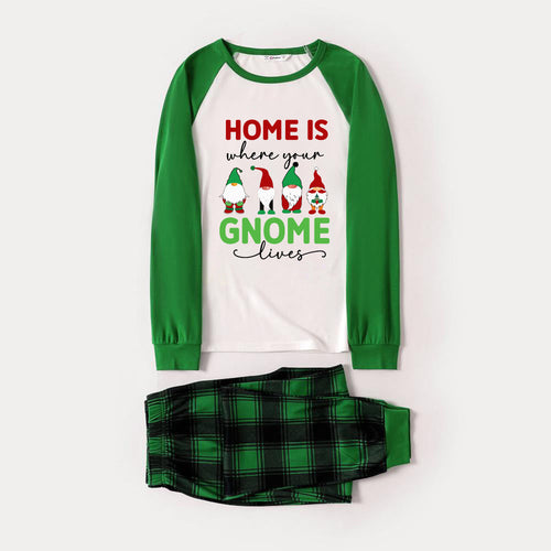 Drune | Grünes Raglan-Oberteil Grünes Karomuster Weihnachts-Pyjama-Set mit Weihnachtsgnom-Print