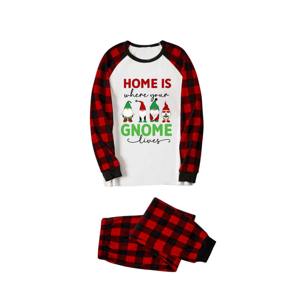 Drune | Rote und schwarze kariierte Weihnachts-Pyjama-Set mit Gnomies Familie und Weihnachts-Slogan-Druck