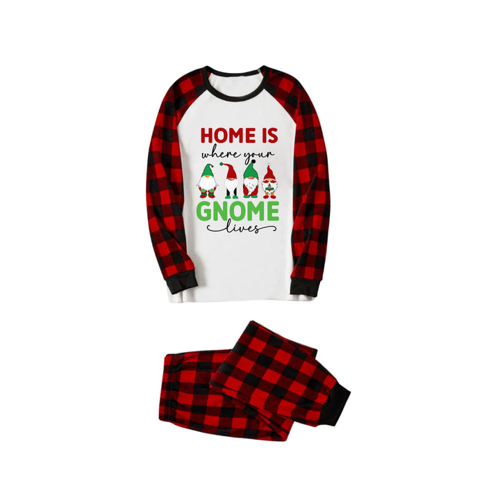 Drune | Rote und schwarze kariierte Weihnachts-Pyjama-Set mit Gnomies Familie und Weihnachts-Slogan-Druck