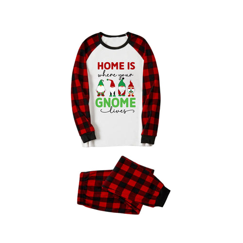 Drune | Rote und schwarze kariierte Weihnachts-Pyjama-Set mit Gnomies Familie und Weihnachts-Slogan-Druck