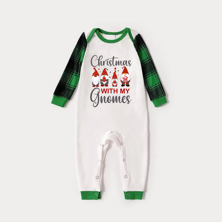 Drune | Grünes Raglan-Top Grünes Karomuster Weihnachts-Pyjama-Set mit "Weihnachten MIT MEINEN Gnome" Rot und Grau Cartoon-Muster Druck