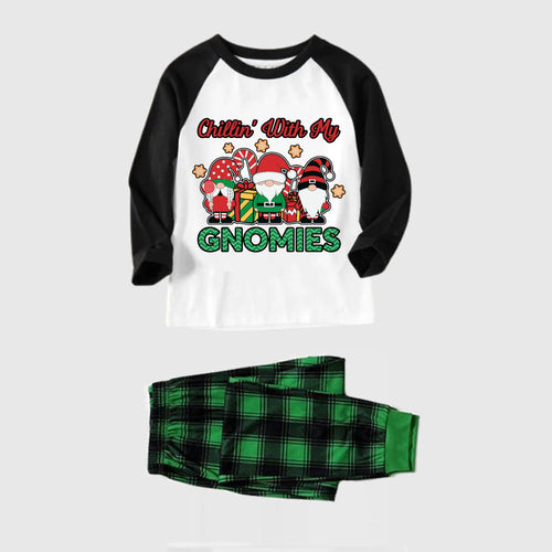 Drune | Schwarzes Raglan-Oberteil Grüner Karierter Weihnachts-Pyjama-Set mit niedlichem Gnom und Feiertagstext