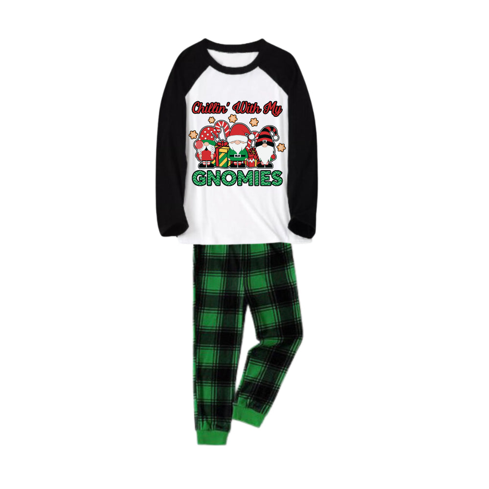 Drune | Schwarzes Raglan-Oberteil Grüner Karierter Weihnachts-Pyjama-Set mit niedlichem Gnom und Feiertagstext