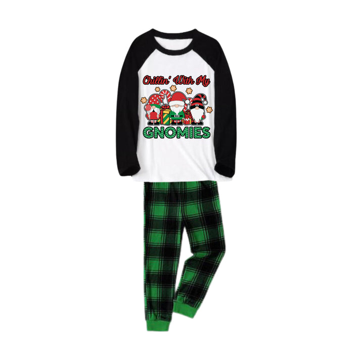 Drune | Schwarzes Raglan-Oberteil Grüner Karierter Weihnachts-Pyjama-Set mit niedlichem Gnom und Feiertagstext