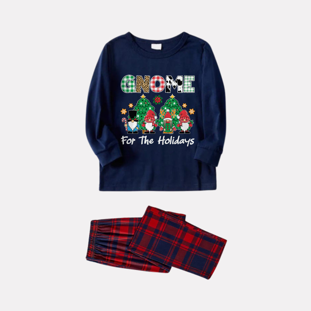 Drune | Weihnachtsfamilien passende Pyjamas - Marineblau & Rotkariertes Pj-Set mit "Gnome For The Holidays" Slogan-Druck